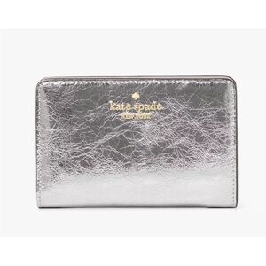 New Kate Spade Madison Metallic Medium Bifold Wallet Crinkle Leather Silver